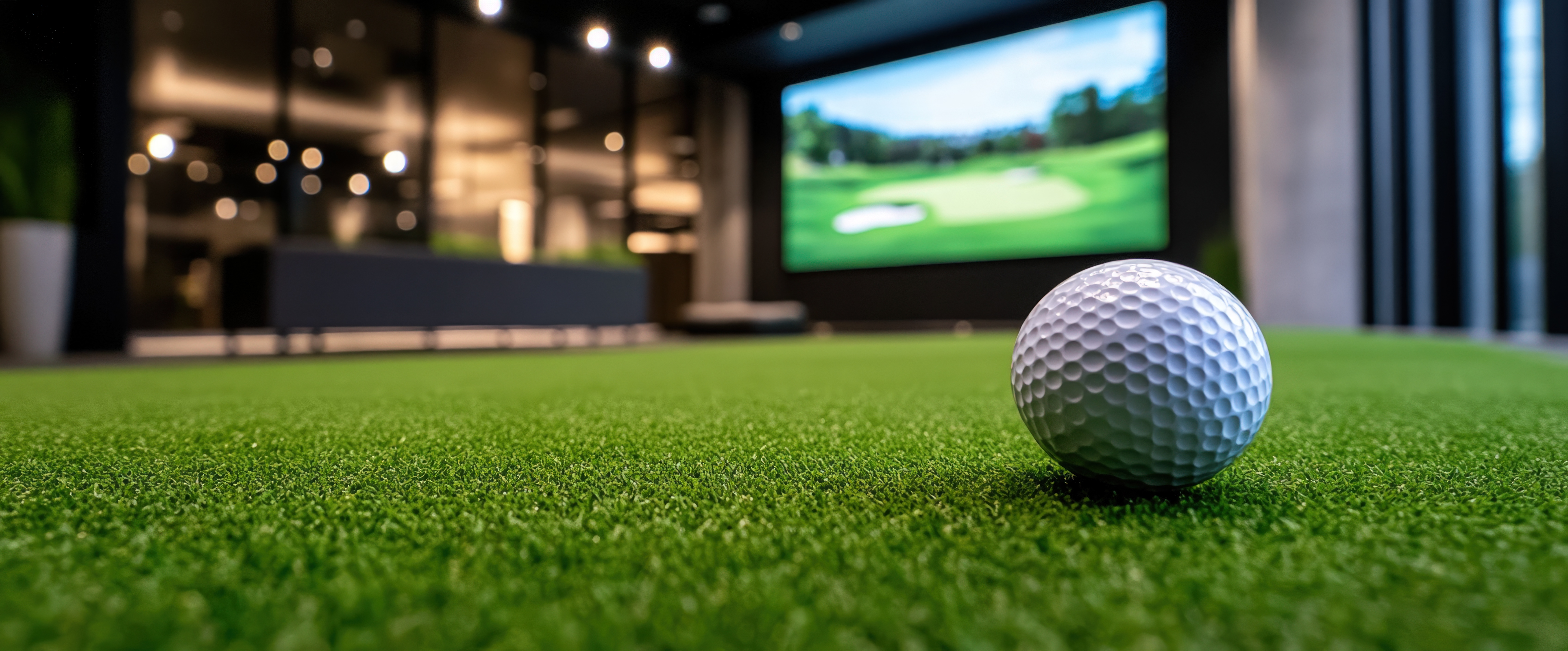 Golf ball on turf in front of an indoor golf simulator